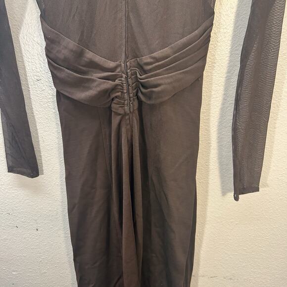 Vtg Tadashi Shoji Brown Long Mesh Sheer Sleeves Dress Formal Evening Gown SZ L - Picture 9 of 16